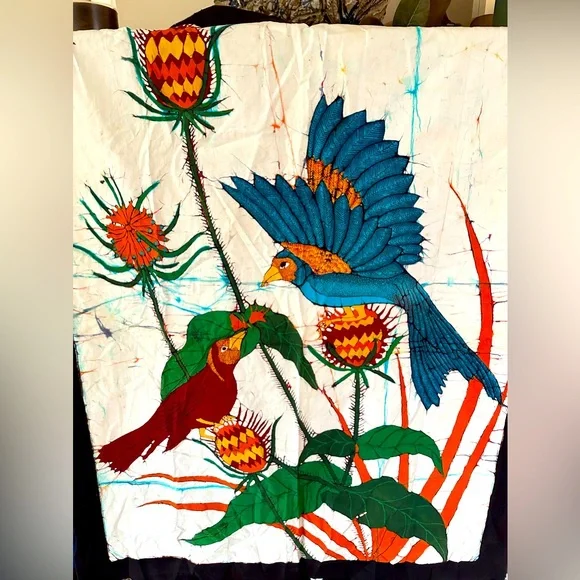 Artisan Handmade Batik Painting Cloth Wall Art Hanging Textile Birds Shibori NEW